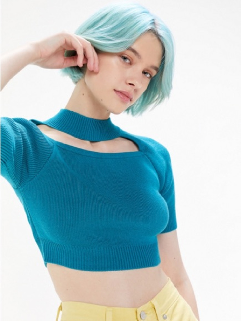 Turquoise Blue Cutout Ribbed Knit Short Sleeve Crop Top